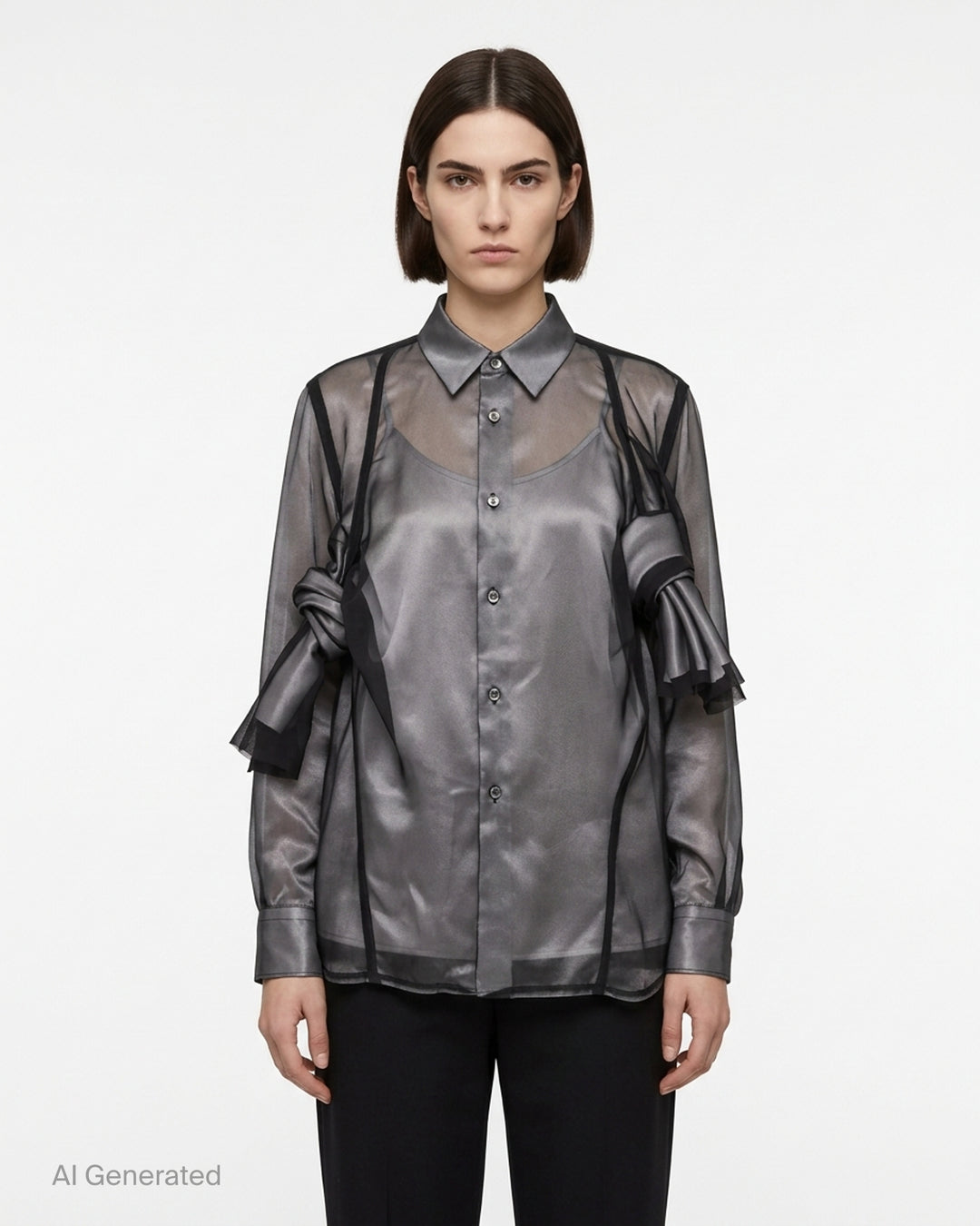 Comme des Garçons sheer layered button-up blouse with knotted fabric detailing at the sleeves - front