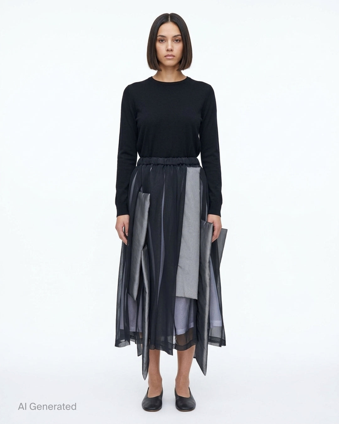 Comme des Garçons layered panel skirt in sheer black with padded grey panels and an elasticated waist - front