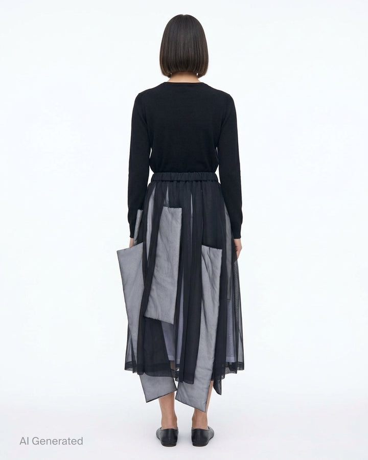 Comme des Garçons layered panel skirt in sheer black with padded grey panels and an elasticated waist - back