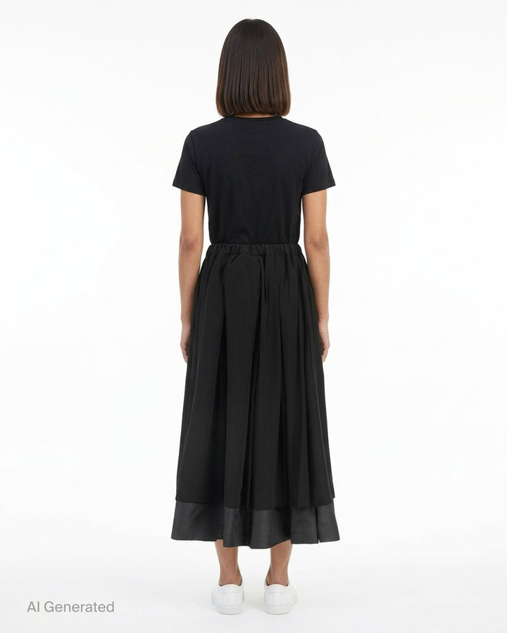 Comme des Garçons black pleated midi skirt with elasticated waist and sheer layered hem - back