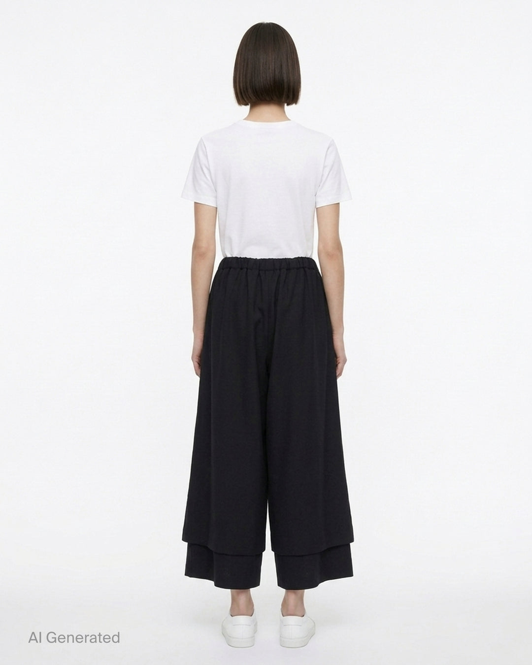Comme des Garçons black wool georgette wide-leg pants with an elasticated waist and double-layered hem, shown from the front - back