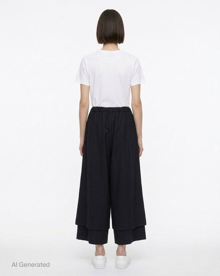 Comme des Garçons black wool georgette wide-leg pants with an elasticated waist and double-layered hem, shown from the front - back