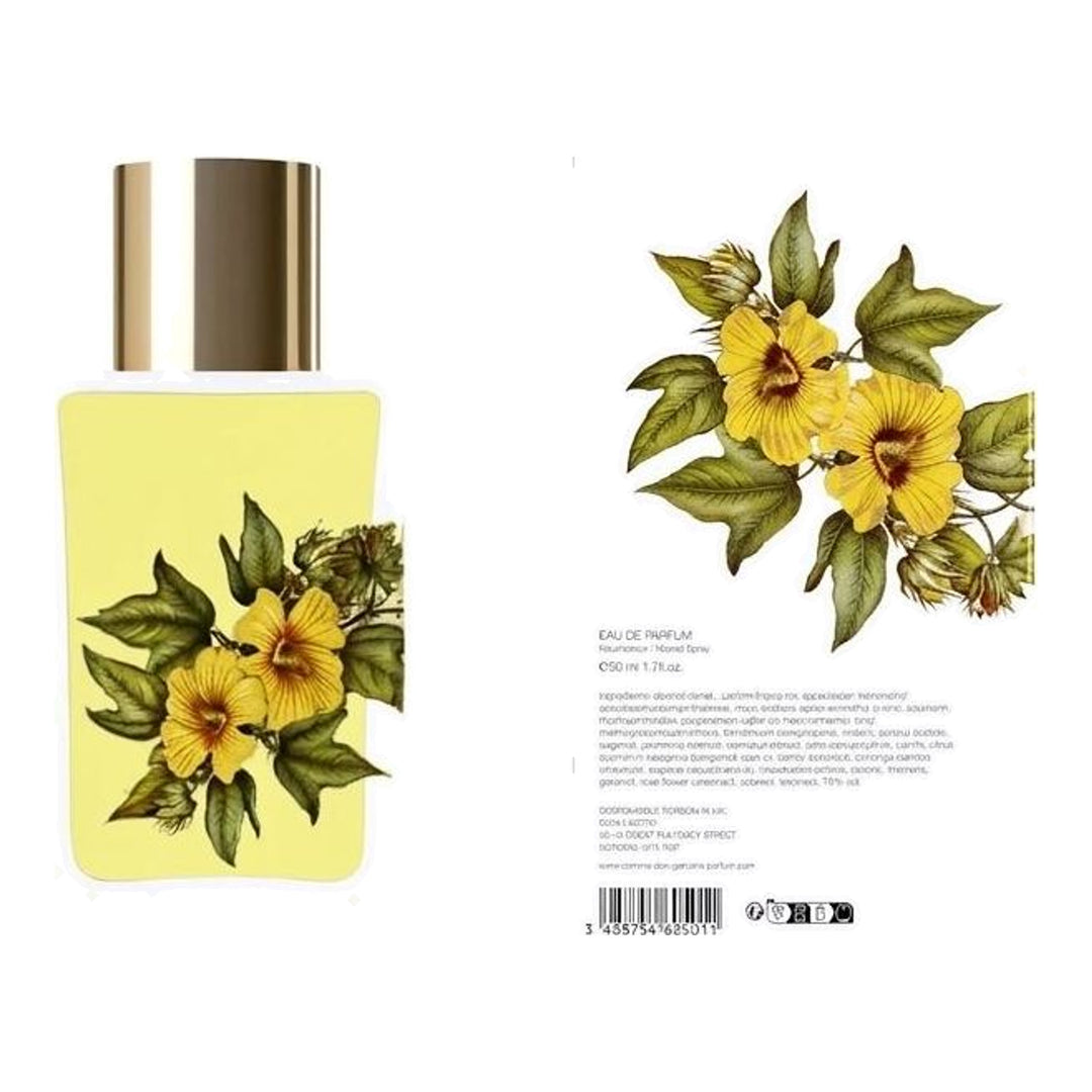 Tears Eau de Parfum 50ml by Comme des Garçons Parfums in a white glass bottle with a gold cap and yellow cotton blossom label - packshot
