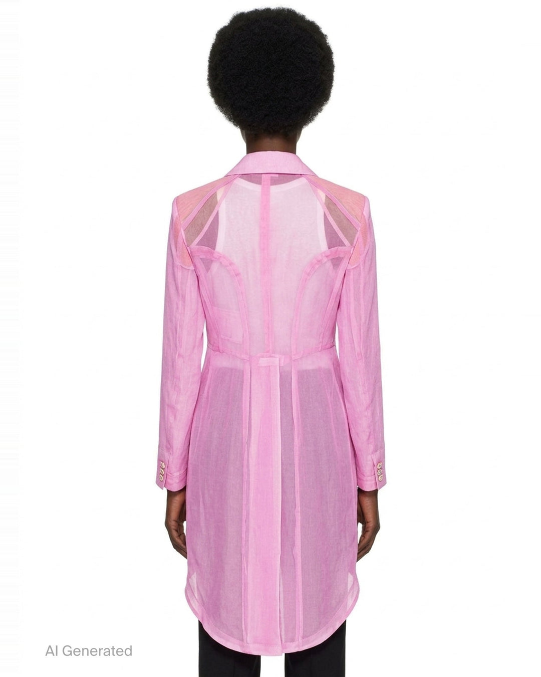 Comme des Garçons pink sheer tailcoat blazer with notched lapels, two-button fastening, chest welt pocket, and dramatic swallow-tail hi-lo hem - back