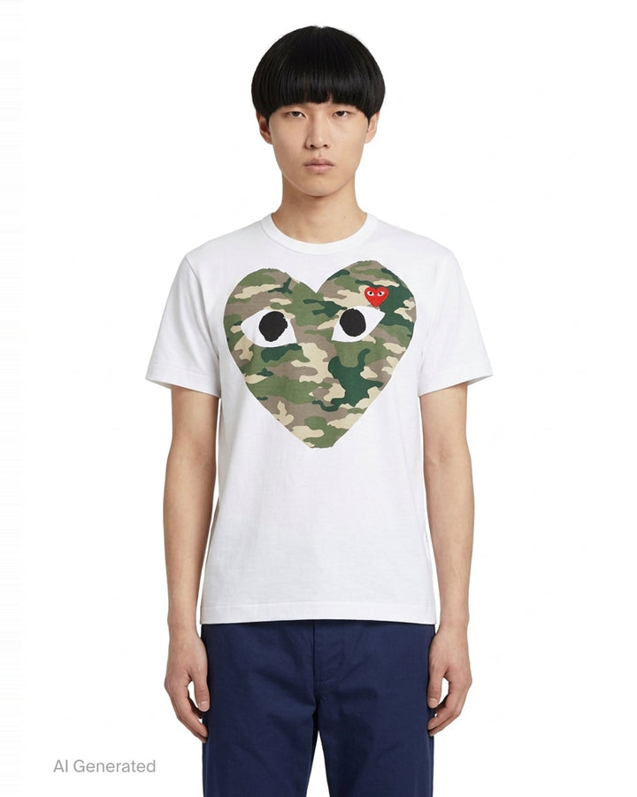 Comme des Garçons PLAY white short sleeve tee with oversized camouflage heart graphic featuring embroidered eyes and red heart emblem patch on chest - front