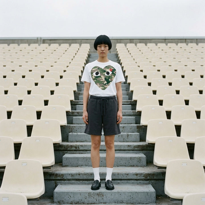 Comme des Garçons PLAY white short sleeve tee with oversized camouflage heart graphic featuring embroidered eyes and red heart emblem patch on chest - lifestyle