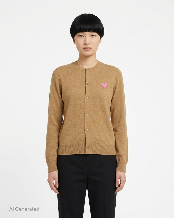 Comme des Garçons PLAY black round neck cardigan with embroidered pink heart emblem patch and button-through front fastening, flat lay view - front