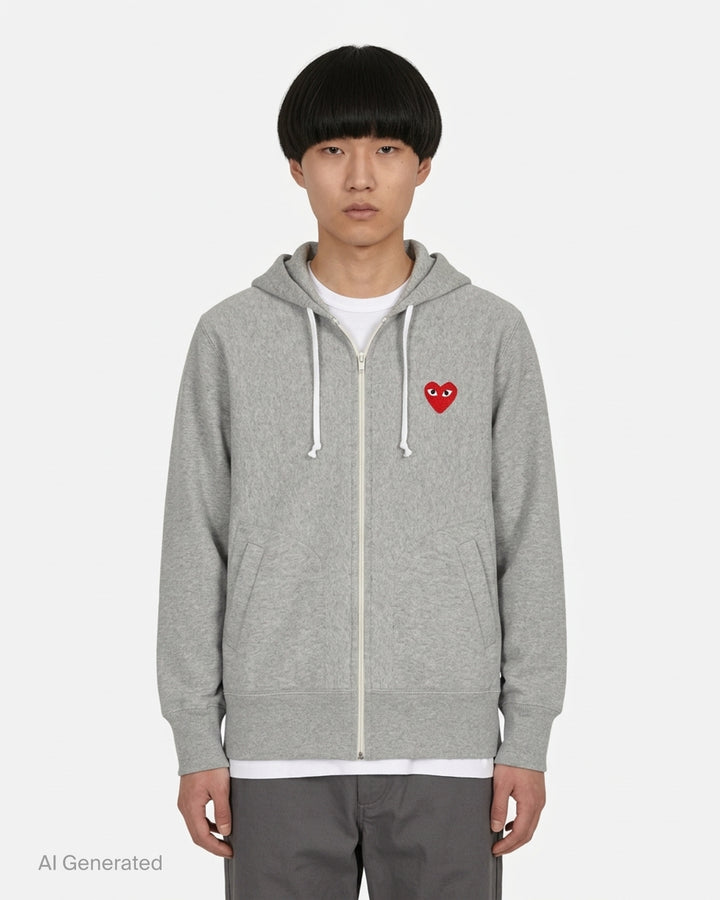Comme des Garçons PLAY heather grey zip hoodie with embroidered red heart logo at the chest and drawstring hood - front