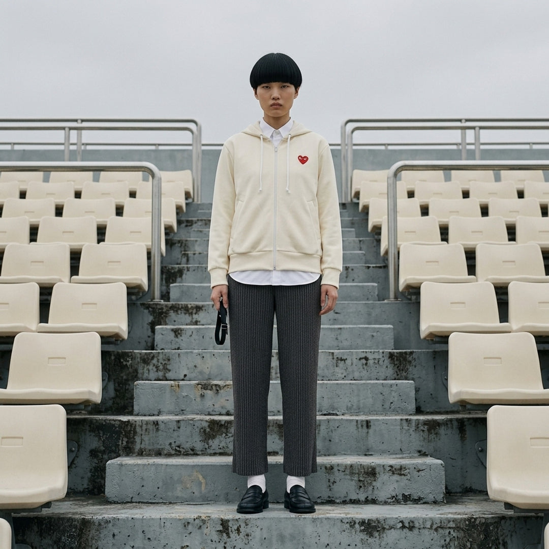 Comme des Garçons PLAY cream zip-up hoodie with drawstring hood and embroidered red heart logo on the chest - lifestyle