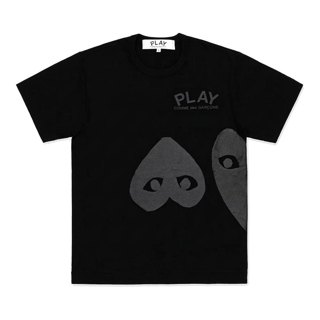 Comme des Garçons PLAY Reverse Heart Graphic Tee in black with tonal spade heart print and logo detail on chest - packshot