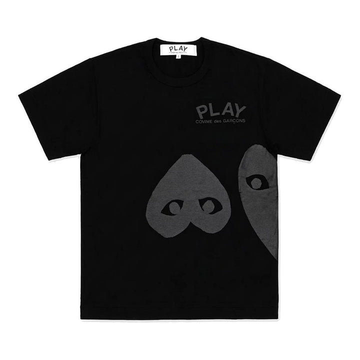 Comme des Garçons PLAY Reverse Heart Graphic Tee in black with tonal spade heart print and logo detail on chest - packshot