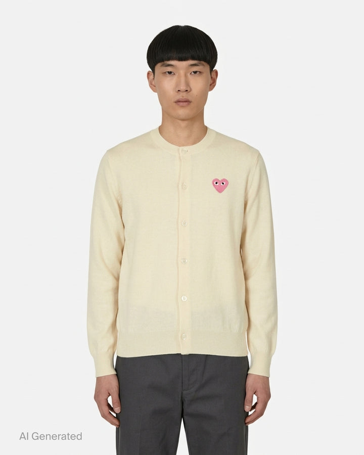Comme des Garçons PLAY camel round neck cardigan with pink embroidered heart emblem and pearlescent buttons, front view - front