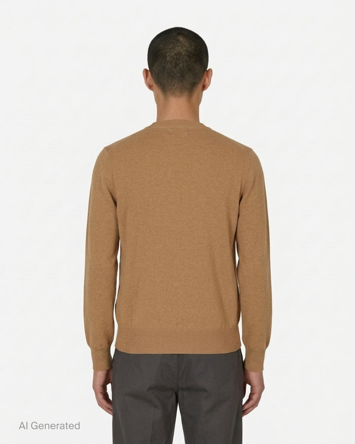 Comme des Garçons PLAY camel round neck cardigan with pink embroidered heart emblem and pearlescent buttons, front view - back