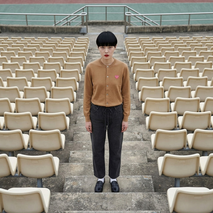 Comme des Garçons PLAY camel round neck cardigan with pink embroidered heart emblem and pearlescent buttons, front view - lifestyle