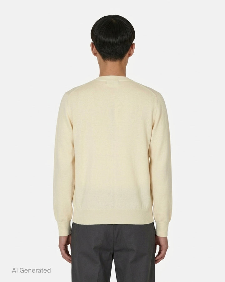 Comme des Garçons PLAY camel round neck cardigan with pink embroidered heart emblem and pearlescent buttons, front view - back