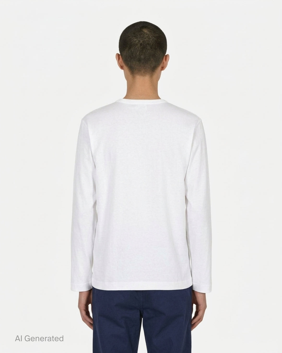Black long sleeve crew neck tee with a stacked double red heart embroidered patch on the chest and a white PLAY Comme des Garçons neck label - back