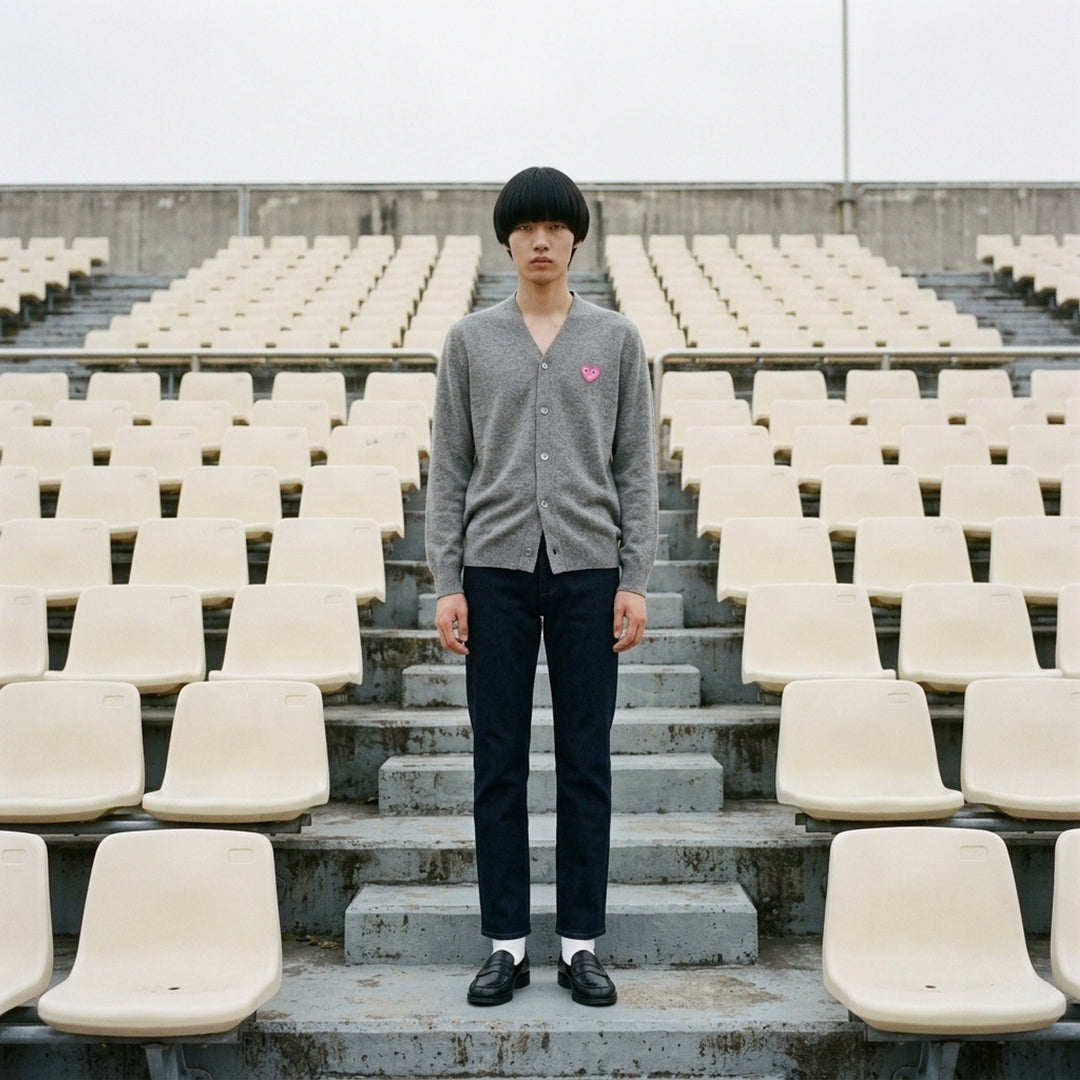 Comme des Garçons PLAY black V-neck cardigan with white buttons and an embroidered pink heart emblem on the chest - lifestyle