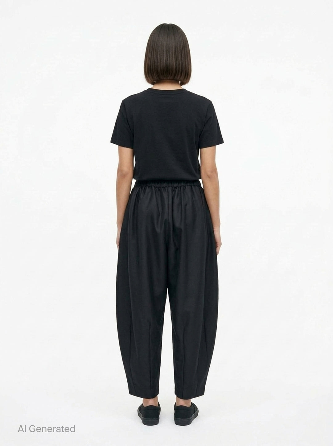 Comme des Garçons black rounded silhouette balloon-leg pants with elasticated waistband and structured vertical seaming, laid flat on white background - back