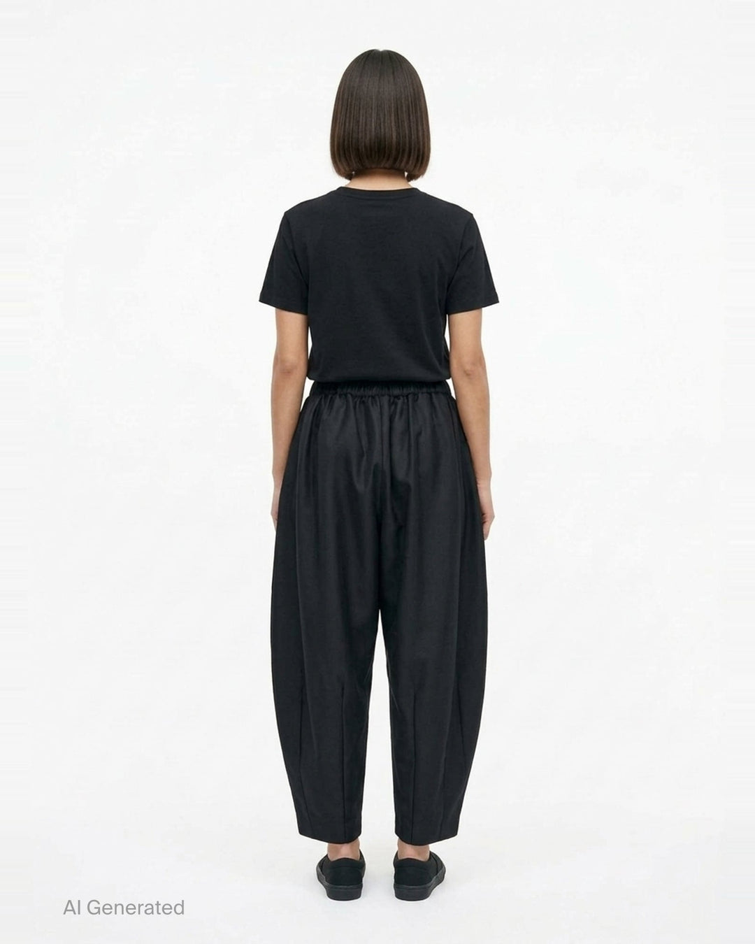 Comme des Garçons black rounded silhouette balloon-leg pants with elasticated waistband and structured vertical seaming, laid flat on white background - back