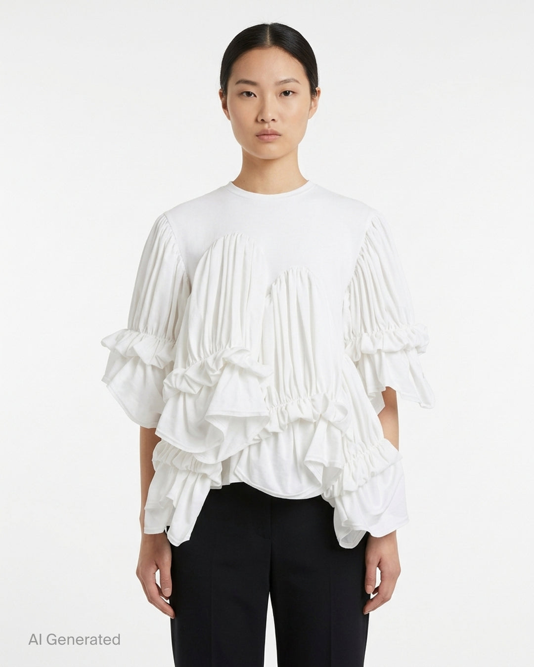 Comme des Garçons white ruffled tiered tee with pleated scalloped panels and gathered puff sleeves - front