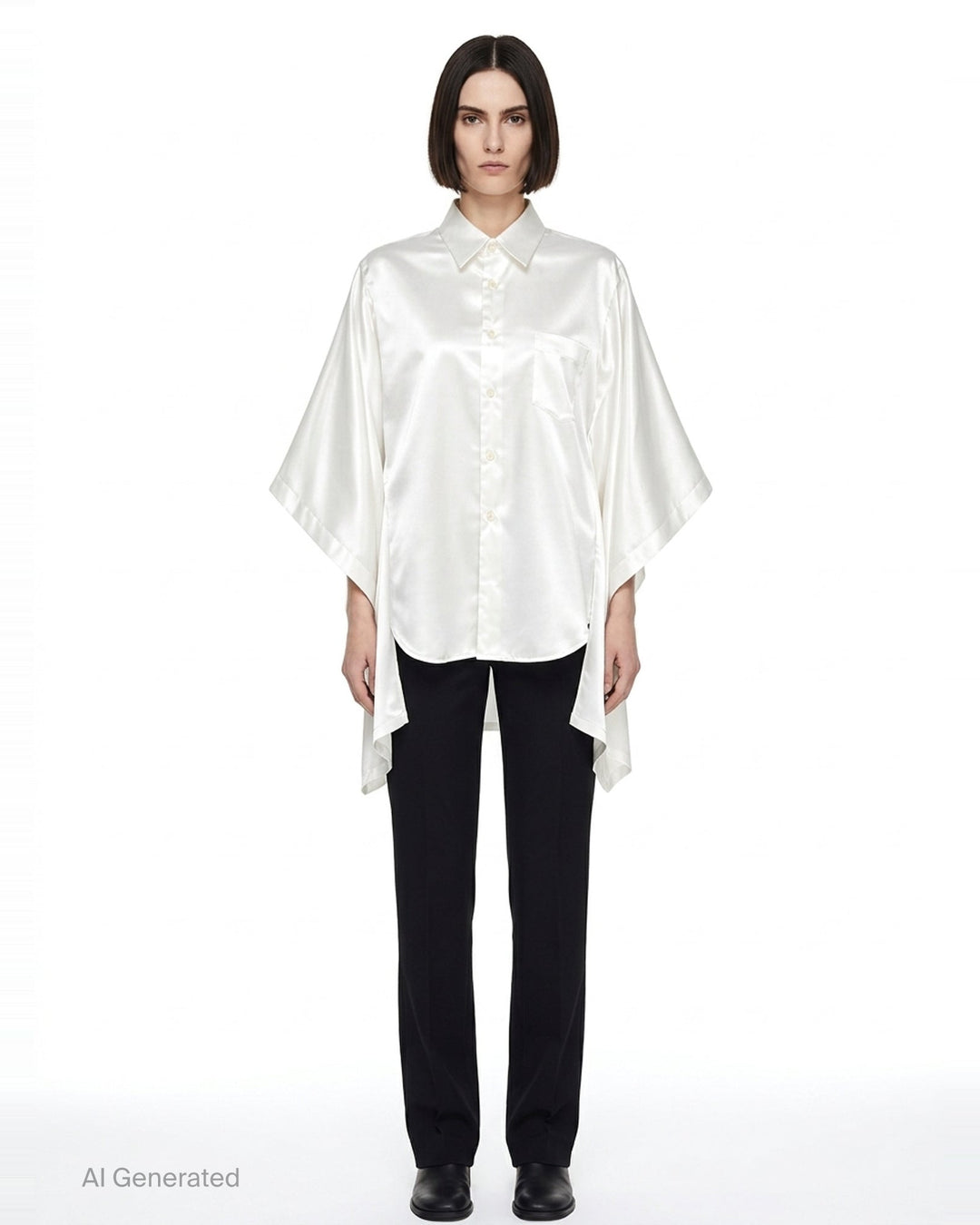 Comme des Garçons black polyester satin blouse with wide cape sleeves, button-front fastening, chest pocket, and contrast matte hem panel, displayed flat on a white background - front