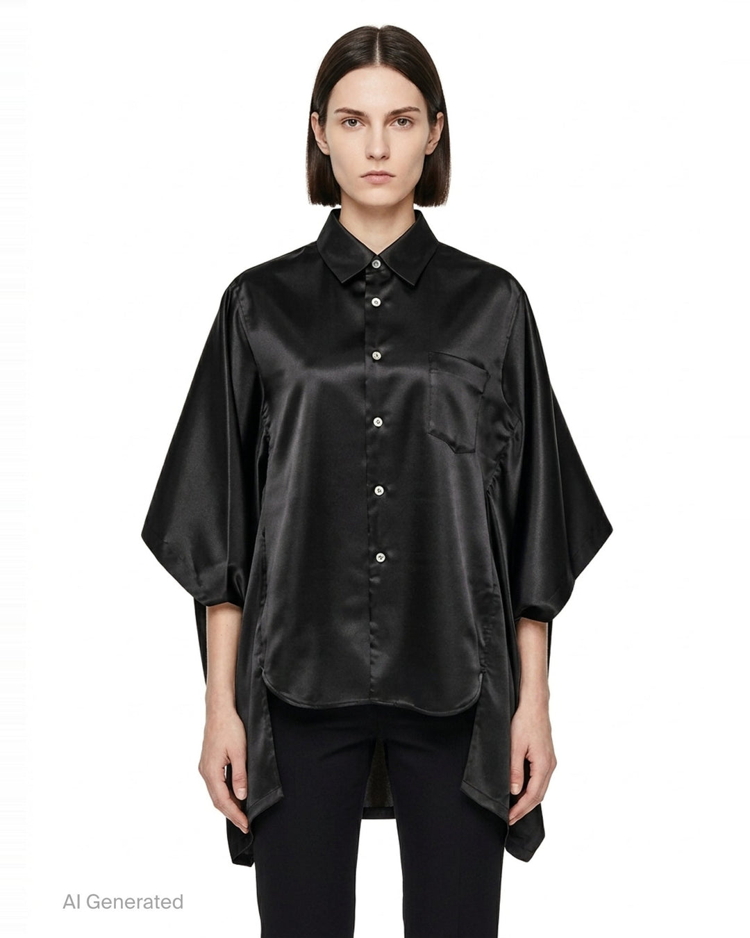 Comme des Garçons black polyester satin blouse with wide cape sleeves, button-front fastening, chest pocket, and contrast matte hem panel, displayed flat on a white background - front