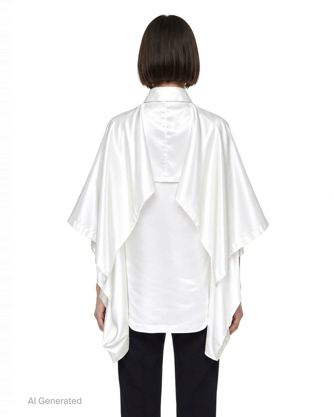 Comme des Garçons black polyester satin blouse with wide cape sleeves, button-front fastening, chest pocket, and contrast matte hem panel, displayed flat on a white background - back