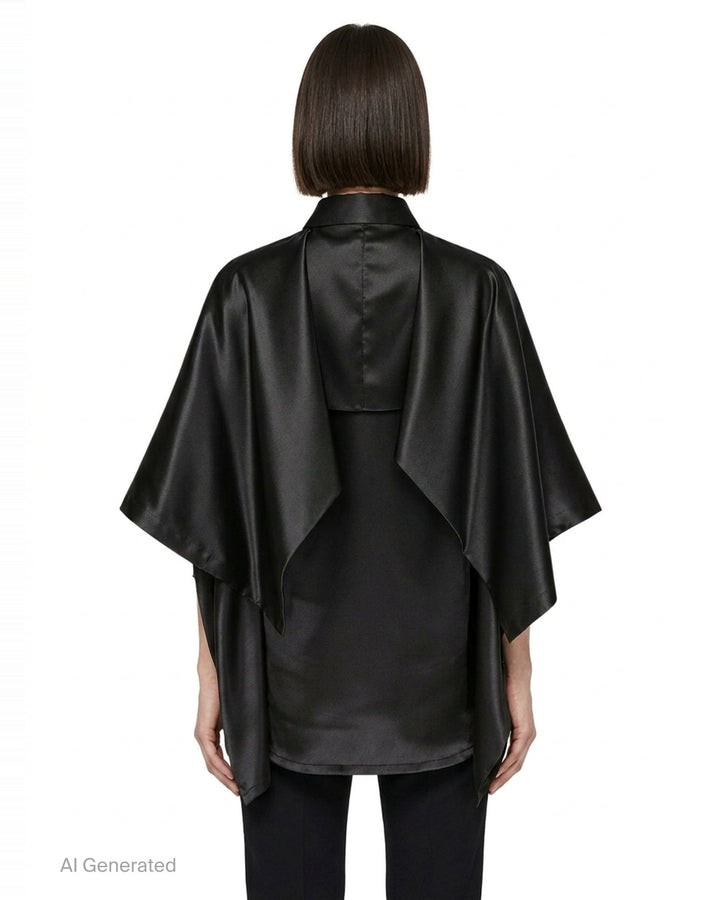 Comme des Garçons black polyester satin blouse with wide cape sleeves, button-front fastening, chest pocket, and contrast matte hem panel, displayed flat on a white background - back