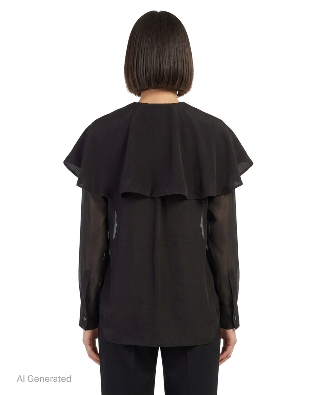 Comme des Garçons sheer black rayon georgette shirt with oversized layered cape collar, patch chest pocket and mother-of-pearl buttons - back
