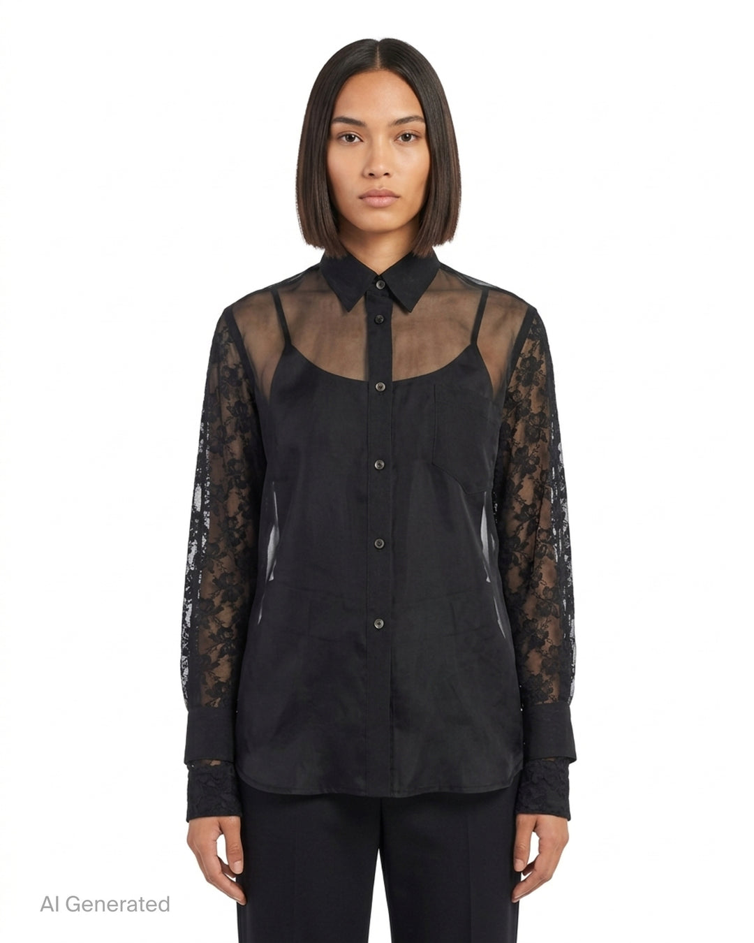 Comme des Garçons black sheer georgette button-up shirt with floral lace sleeves, chest pocket and lace cuffs - front