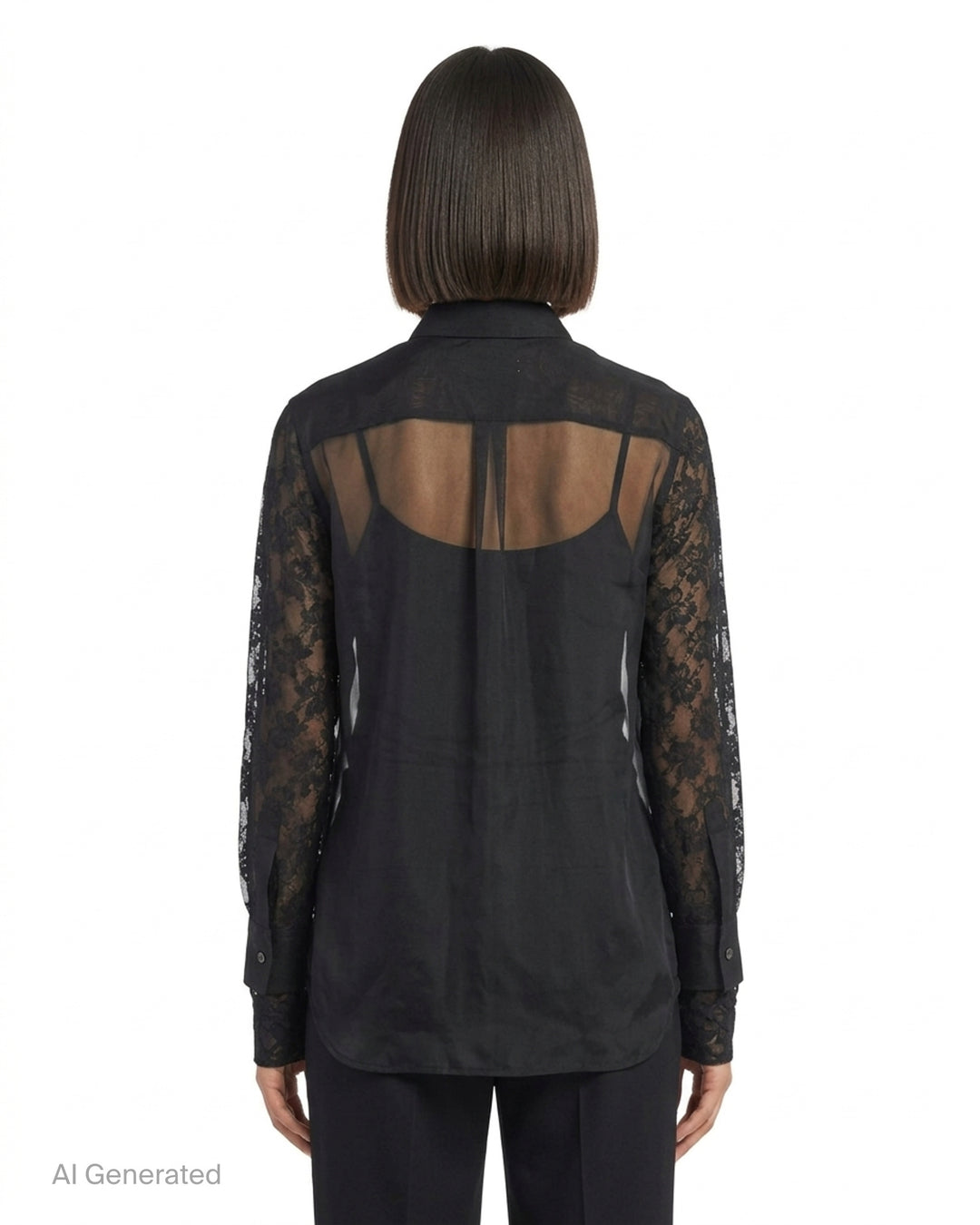 Comme des Garçons black sheer georgette button-up shirt with floral lace sleeves, chest pocket and lace cuffs - back