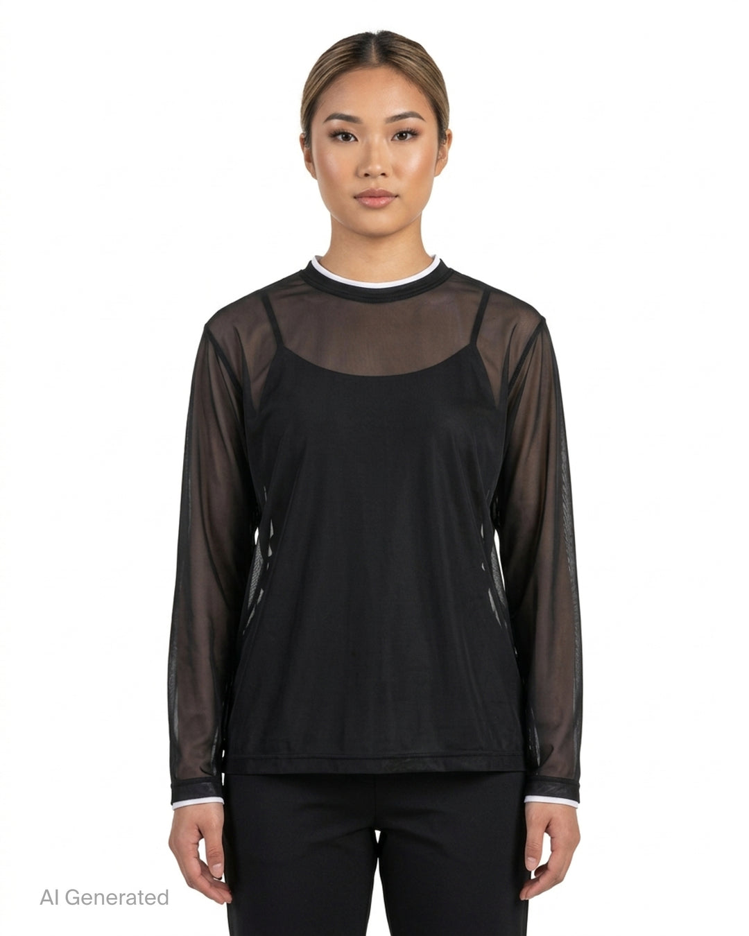 Comme des Garçons black sheer mesh long sleeve tee with white contrast trim at the crew neck and cuffs - front
