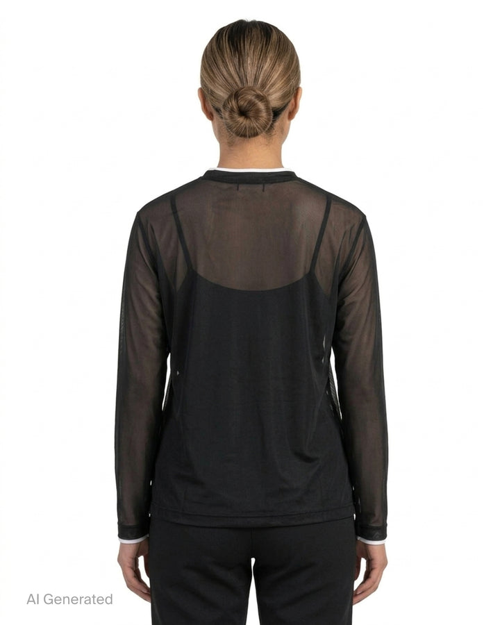 Comme des Garçons black sheer mesh long sleeve tee with white contrast trim at the crew neck and cuffs - back