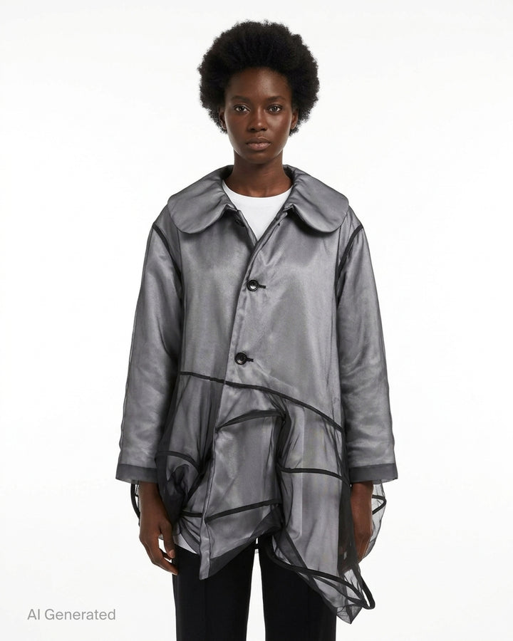 Comme des Garçons sheer black organza coat with padded lining, peter pan collar, three-button front and asymmetric panelled draped hem - front