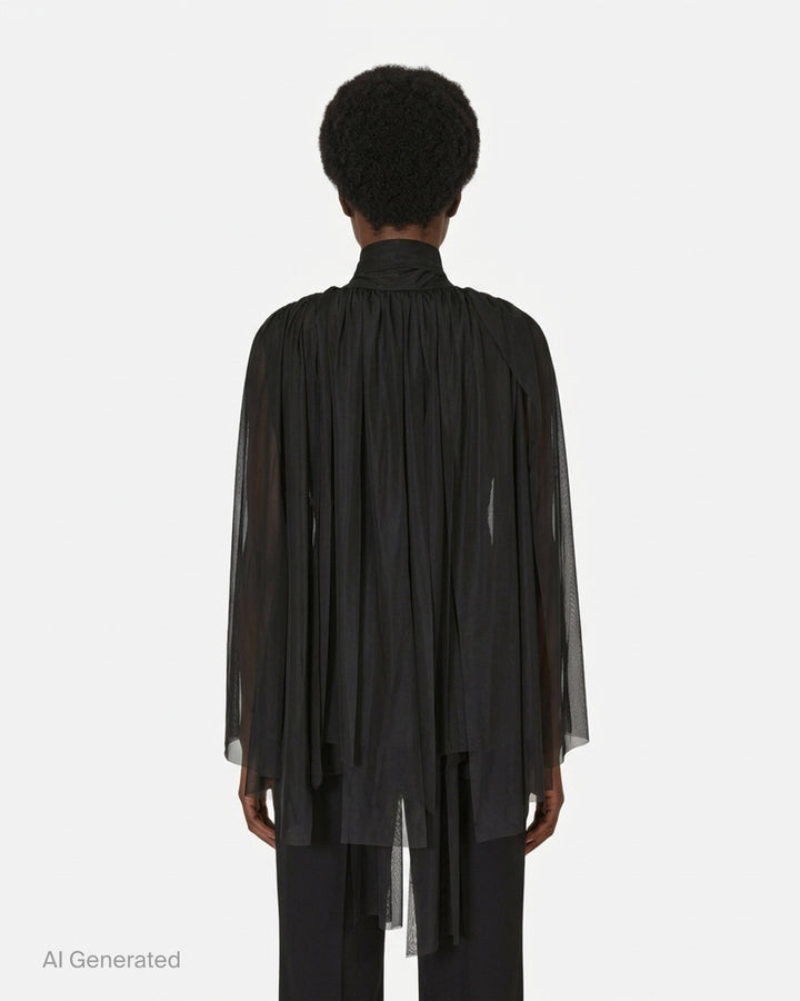 Comme des Garçons black sheer pleated dress with gathered tie neck and layered asymmetric hem, shown from the front - back