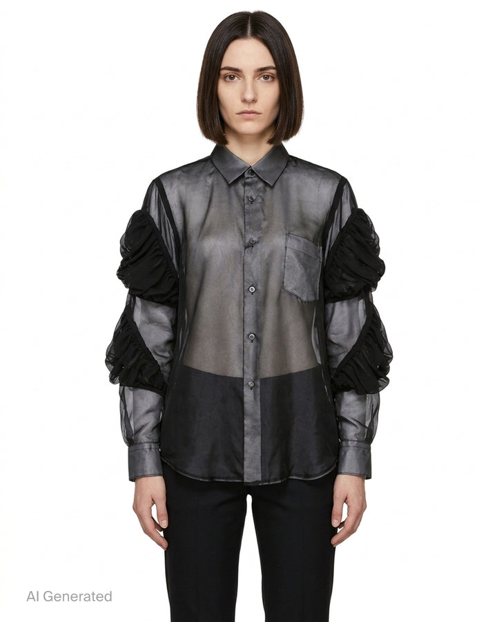 Black sheer button-up shirt with ruched gathered sleeve panels and a chest pocket by Comme des Garçons - front