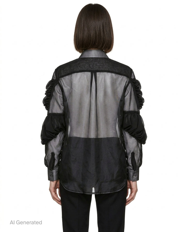 Black sheer button-up shirt with ruched gathered sleeve panels and a chest pocket by Comme des Garçons - back