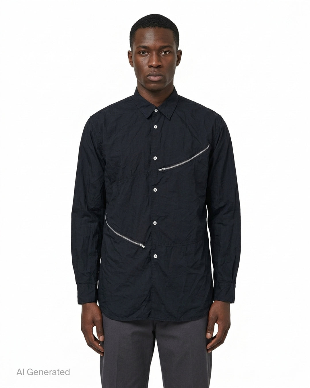 Comme des Garçons Shirt black long sleeve button-up shirt with two diagonal metal zips across the front - front
