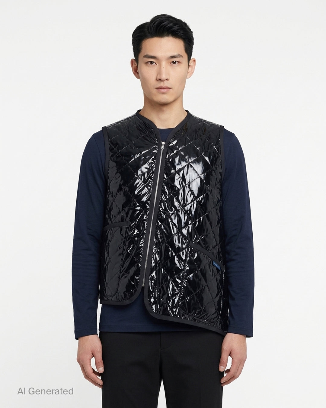 Black lacquered quilted asymmetric vest with diagonal zip front and Lavenham label by Comme des Garçons Shirt - front