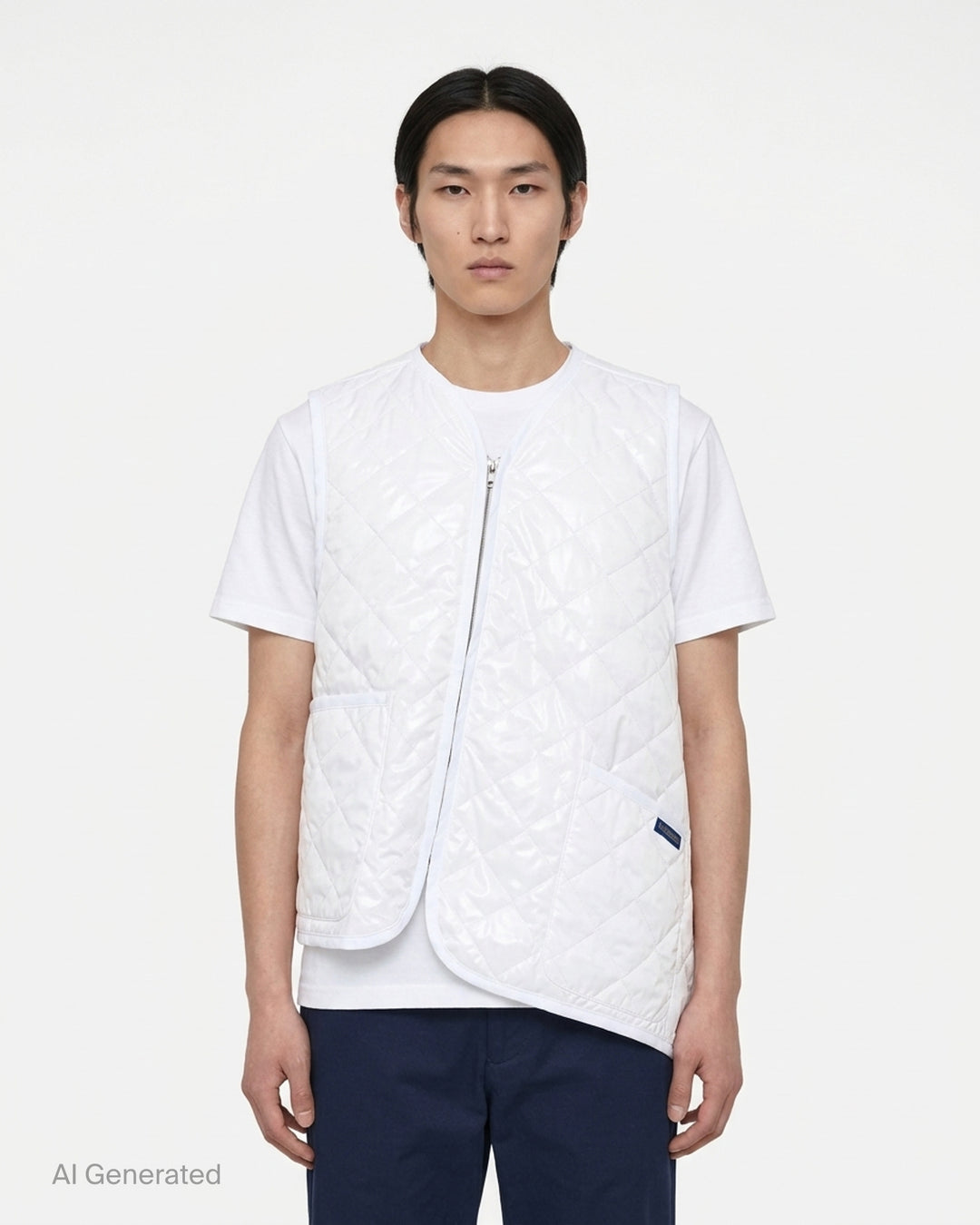 Black lacquered quilted asymmetric vest with diagonal zip front and Lavenham label by Comme des Garçons Shirt - front