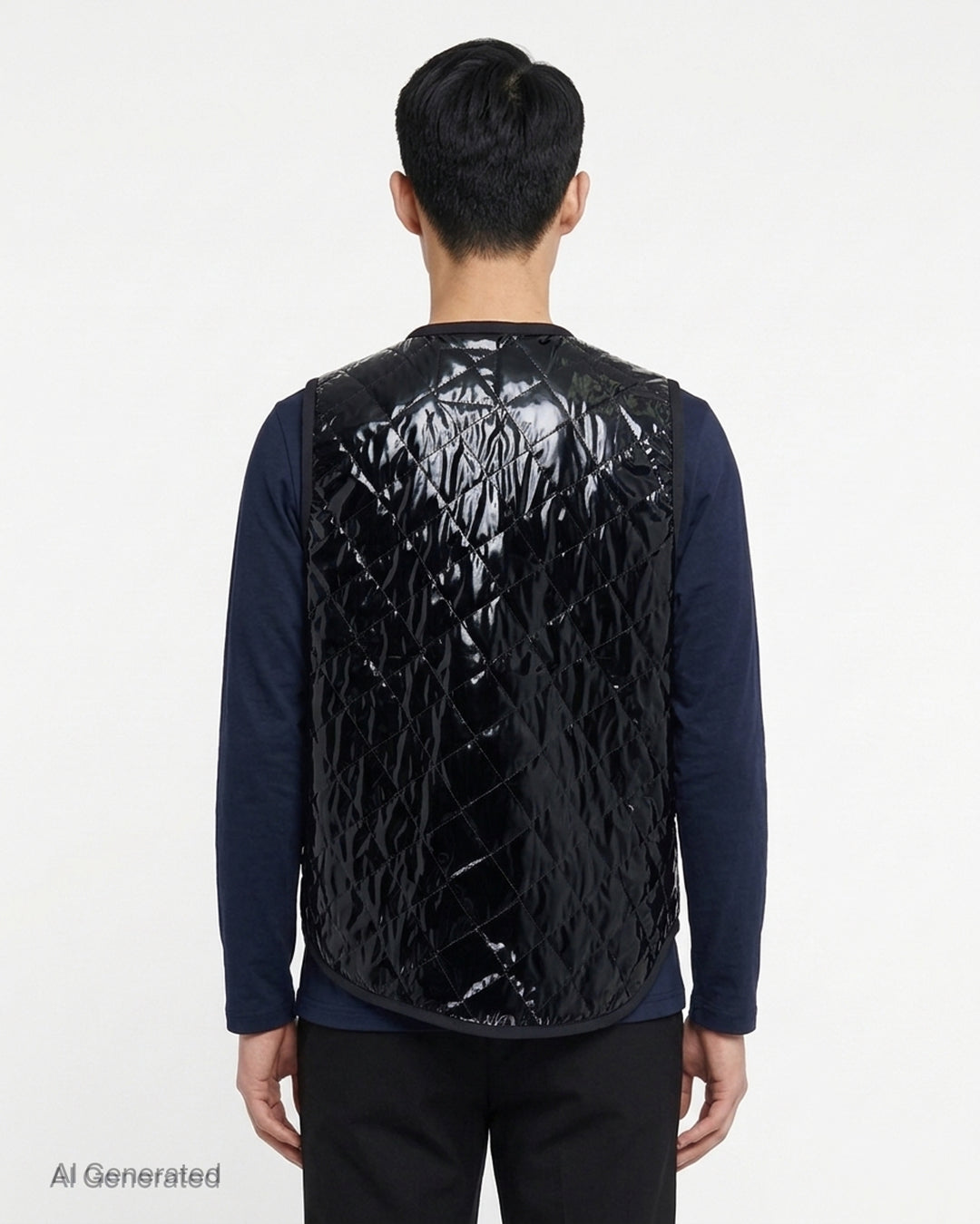 Black lacquered quilted asymmetric vest with diagonal zip front and Lavenham label by Comme des Garçons Shirt - back