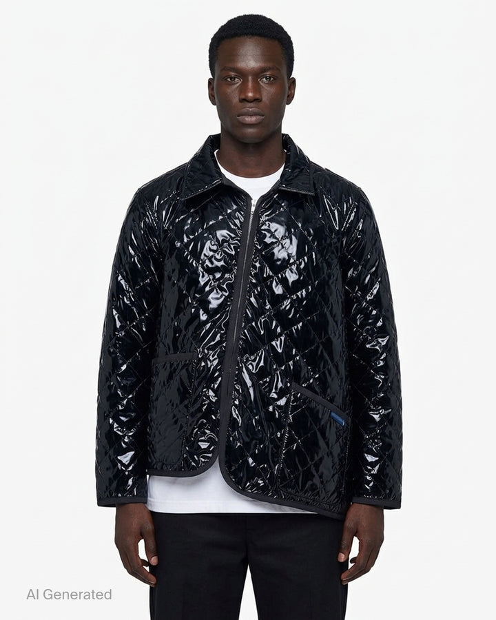 Black lacquered diamond-quilted zip-up jacket with asymmetric zip, collar and patch pockets by Comme des Garçons Shirt x Lavenham - front