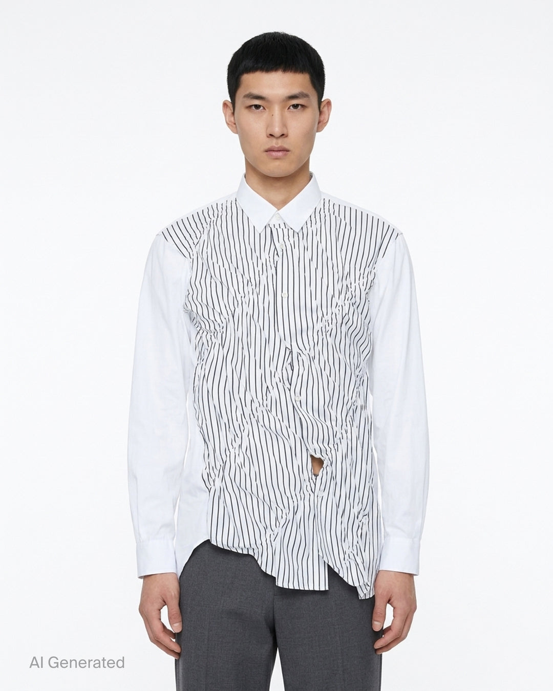 White long sleeve Comme des Garçons Shirt with a gathered black pinstripe front panel and asymmetric curved hem - front