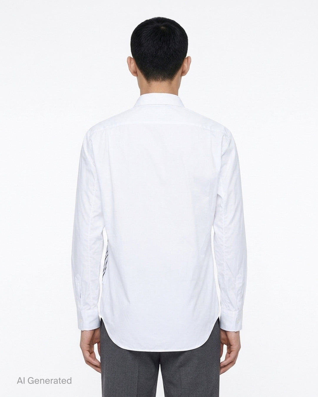 White long sleeve Comme des Garçons Shirt with a gathered black pinstripe front panel and asymmetric curved hem - back