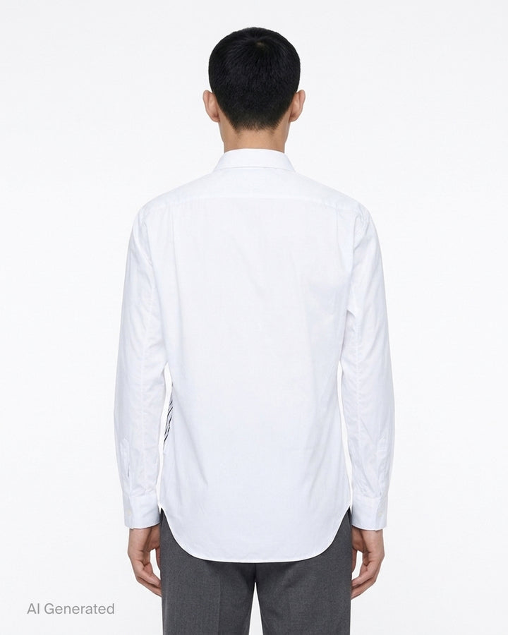White long sleeve Comme des Garçons Shirt with a gathered black pinstripe front panel and asymmetric curved hem - back