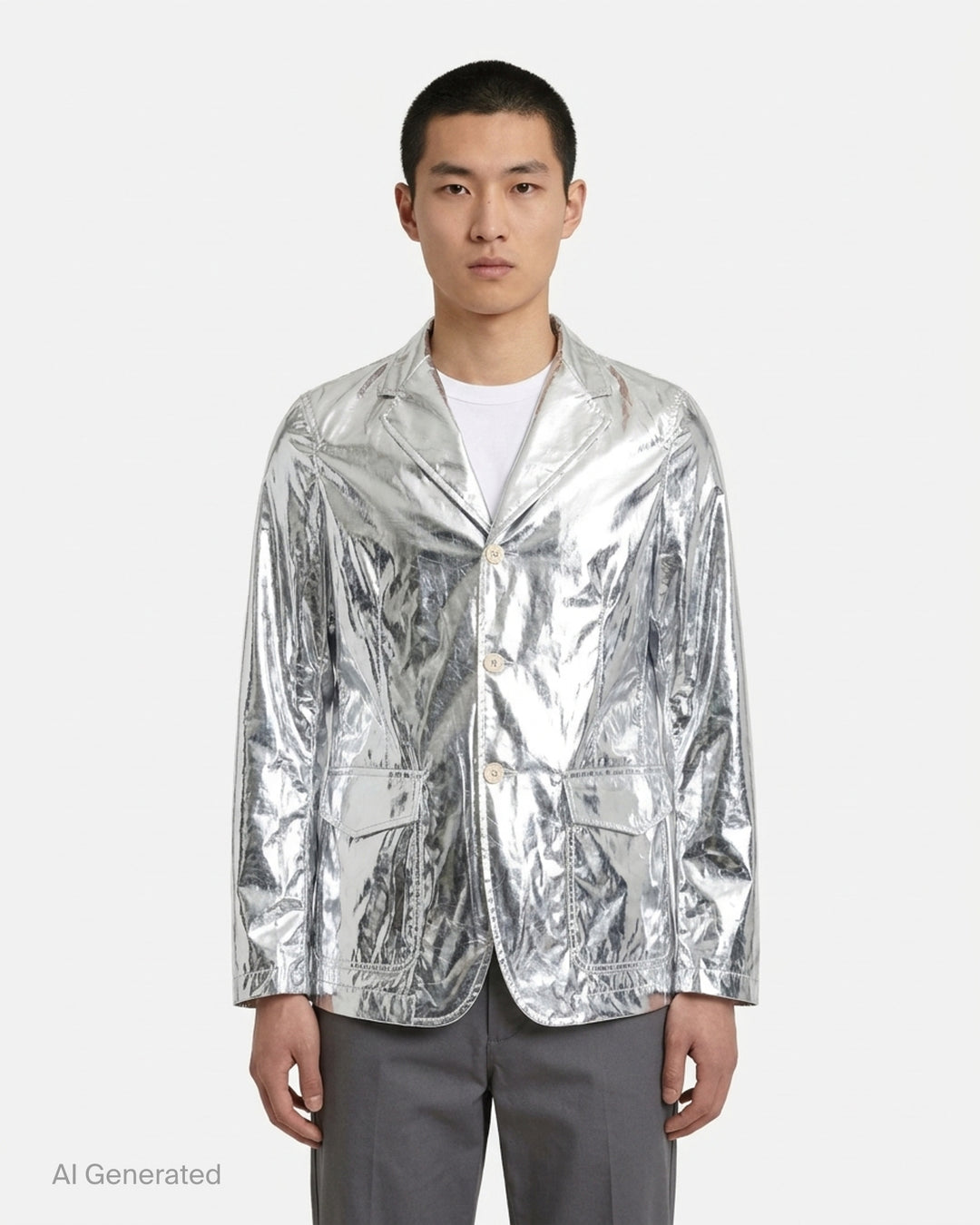 Comme des Garçons Shirt metallic silver blazer with notch lapels, three buttons and flap pockets, shown on a white background - front