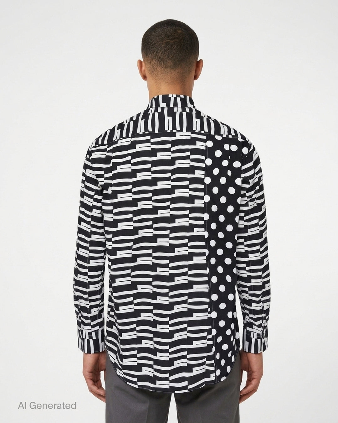 Comme des Garçons Shirt long-sleeve button-up in a black and white mixed print of offset graphic stripes with a polka dot panel and chest pocket - back