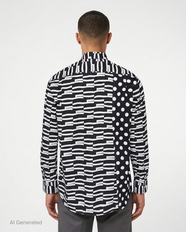 Comme des Garçons Shirt long-sleeve button-up in a black and white mixed print of offset graphic stripes with a polka dot panel and chest pocket - back