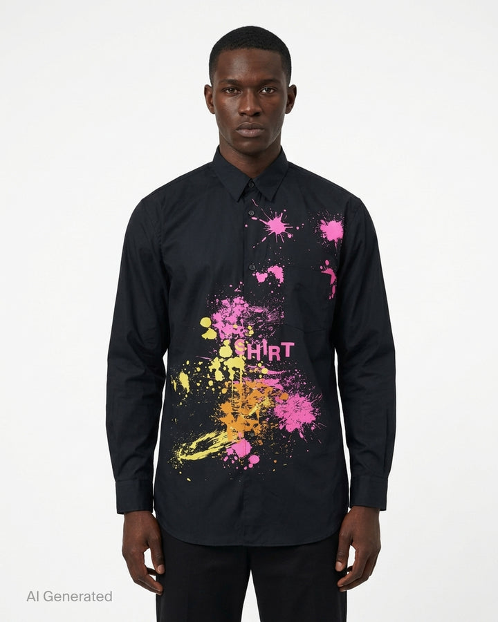 Comme des Garçons SHIRT black long sleeve shirt with pink, yellow and orange paint splatter print and SHIRT graphic - front