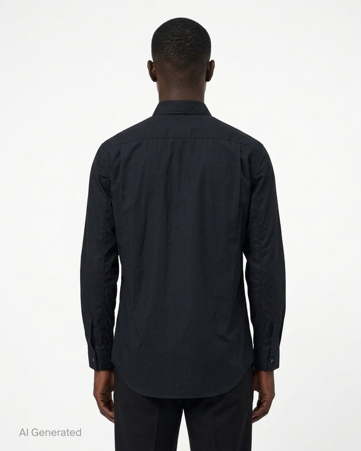 Comme des Garçons SHIRT black long sleeve shirt with pink, yellow and orange paint splatter print and SHIRT graphic - back